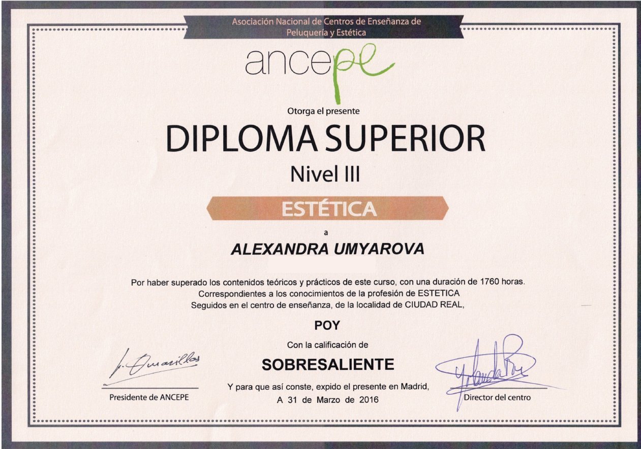 Diploma Superior Nivel III en Estética (ANCEPE) a nombre de Alexandra Umyarova