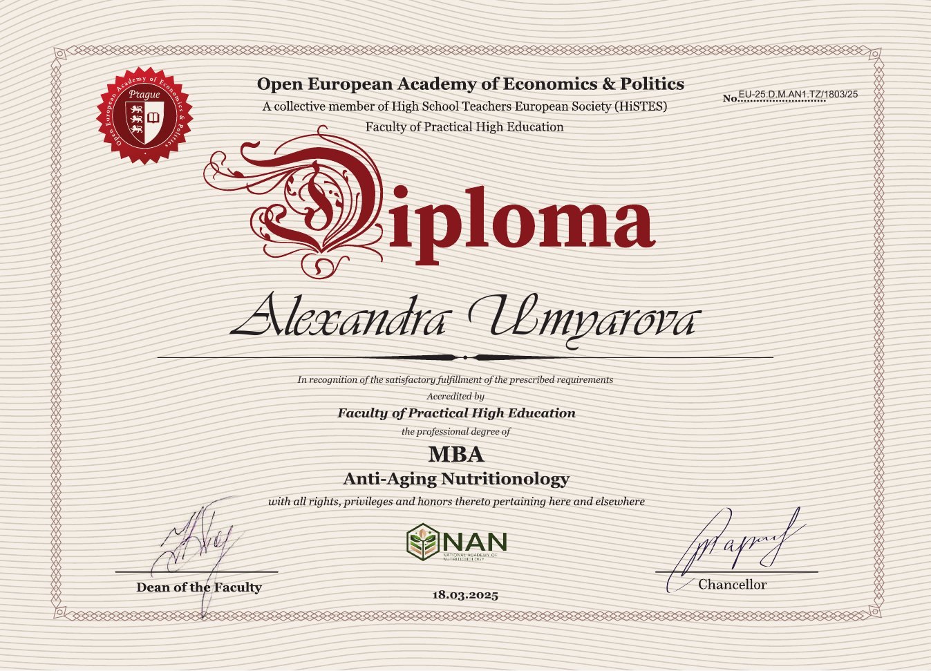 Diploma MBA Anti-Aging Nutritionology (Open European Academy of Economics and Politics) a nombre de Alexandra Umyarova